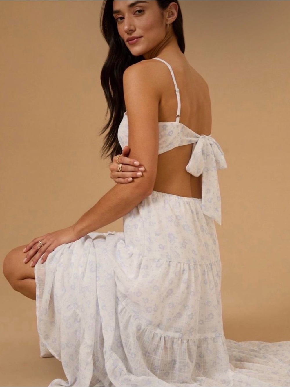 Altar'd State White Floral Backless Maxi Dress with Tie-Back